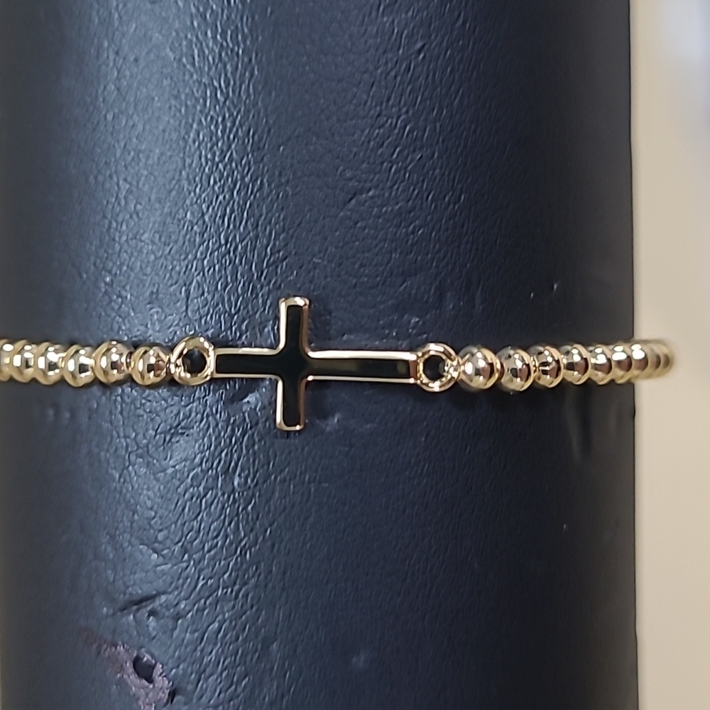 18K Gold-plated Brass Cross link Beaded bracelet Small Fits 6-6.5" Wrist NWT